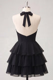 Blue Floral Halter A Line Tiered Ruffle Homecoming Dress