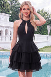 Blue Floral Halter A Line Tiered Ruffle Homecoming Dress