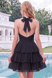 Blue Floral Halter A Line Tiered Ruffle Homecoming Dress