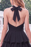 Blue Floral Halter A Line Tiered Ruffle Homecoming Dress