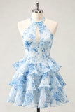 Blue Floral Halter A Line Tiered Ruffle Homecoming Dress