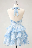 Blue Floral Halter A Line Tiered Ruffle Homecoming Dress