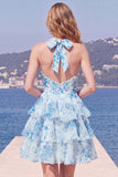 Blue Floral Halter A Line Tiered Ruffle Homecoming Dress