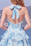 Blue Floral Halter A Line Tiered Ruffle Homecoming Dress