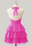 Blue Floral Halter A Line Tiered Ruffle Homecoming Dress