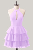 Blue Floral Halter A Line Tiered Ruffle Homecoming Dress