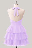 Blue Floral Halter A Line Tiered Ruffle Homecoming Dress