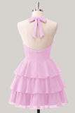 Blue Floral Halter A Line Tiered Ruffle Homecoming Dress