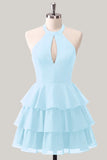Blue Floral Halter A Line Tiered Ruffle Homecoming Dress