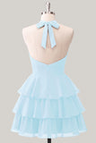 Blue Floral Halter A Line Tiered Ruffle Homecoming Dress