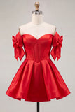 Off the Shoulder A Line Corset Red Homecoming Dress with Bows