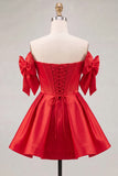 Off the Shoulder A Line Corset Red Homecoming Dress with Bows