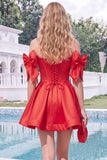 Off the Shoulder A Line Corset Red Homecoming Dress with Bows