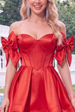 Off the Shoulder A Line Corset Red Homecoming Dress with Bows