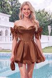 Off the Shoulder A Line Corset Red Homecoming Dress with Bows