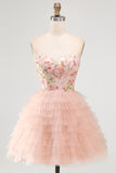 Pink Sweetheart A Line Floral Tiered Short Homecoming Dress