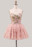 Pink Sweetheart A Line Floral Tiered Short Homecoming Dress