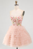 Pink Sweetheart A Line Floral Tiered Short Homecoming Dress