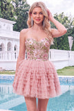 Pink Sweetheart A Line Floral Tiered Short Homecoming Dress