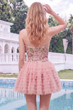 Pink Sweetheart A Line Floral Tiered Short Homecoming Dress