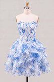 Light Blue Strapless Ruffled A Line Corset Short Homecoming Dress