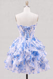 Light Blue Strapless Ruffled A Line Corset Short Homecoming Dress