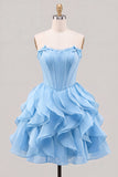 Light Blue Strapless Ruffled A Line Corset Short Homecoming Dress