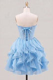 Light Blue Strapless Ruffled A Line Corset Short Homecoming Dress
