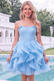 Light Blue Strapless Ruffled A Line Corset Short Homecoming Dress