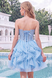 Light Blue Strapless Ruffled A Line Corset Short Homecoming Dress