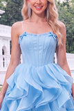 Light Blue Strapless Ruffled A Line Corset Short Homecoming Dress