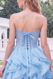 Light Blue Strapless Ruffled A Line Corset Short Homecoming Dress