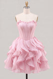 Light Blue Strapless Ruffled A Line Corset Short Homecoming Dress