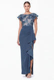 Navy Flower Sheath Ruffled Mother of the Bride Dress with Slit
