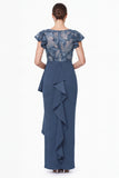 Navy Flower Sheath Ruffled Mother of the Bride Dress with Slit