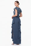 Navy Flower Sheath Ruffled Mother of the Bride Dress with Slit