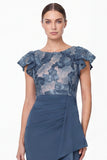 Navy Flower Sheath Ruffled Mother of the Bride Dress with Slit