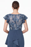 Navy Flower Sheath Ruffled Mother of the Bride Dress with Slit