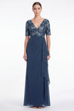 Navy A Line V Neck Floral Mother of the Bride Dress with Half Sleeves