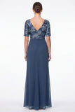 Navy A Line V Neck Floral Mother of the Bride Dress with Half Sleeves