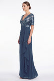 Navy A Line V Neck Floral Mother of the Bride Dress with Half Sleeves