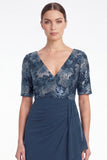 Navy A Line V Neck Floral Mother of the Bride Dress with Half Sleeves