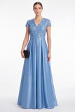 Champagne Sequin A Line V Neck Mother of the Bride Dress with Short Sleeevs
