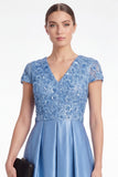Champagne Sequin A Line V Neck Mother of the Bride Dress with Short Sleeevs