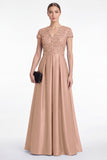 Champagne Sequin A Line V Neck Mother of the Bride Dress with Short Sleeevs