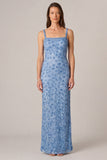 Blue Beaded Sheath Square Neck Maxi Dress
