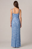 Blue Beaded Sheath Square Neck Maxi Dress