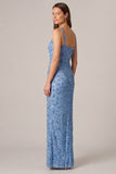 Blue Beaded Sheath Square Neck Maxi Dress