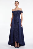 Dark Navy Off the Shoulder Sequin A Line Mother of the Bride Dress