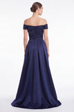 Dark Navy Off the Shoulder Sequin A Line Mother of the Bride Dress